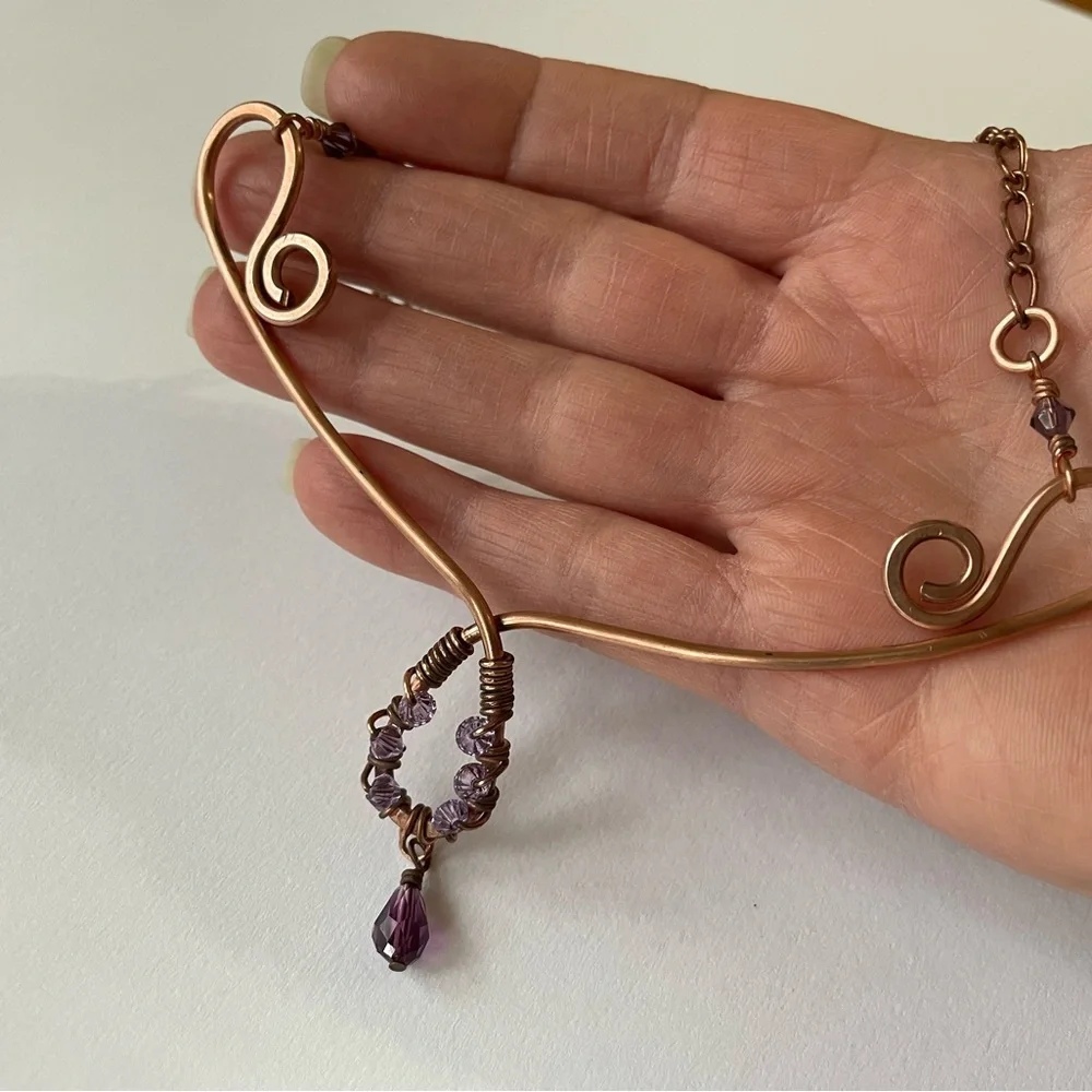 Copper Scroll Necklace Beaded Plum and Lilac‎ Crystals Elegant Rustic Handmade